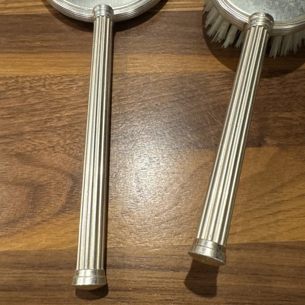 Vintage Mirror and Brush Vanity Set Silver Colored Brushed Finish